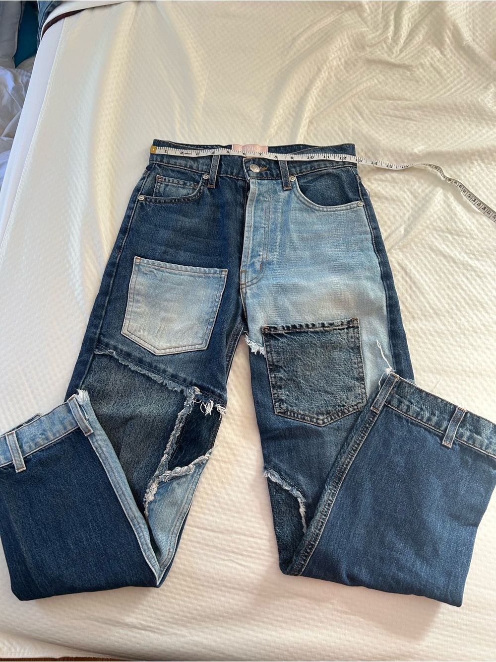 Two-Tone Patchwork Women's Jeans in Dark and Light Blue
